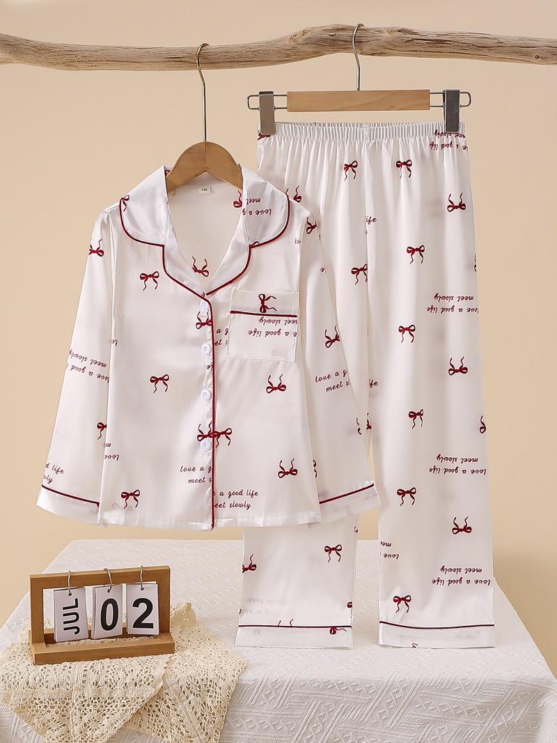 Silk Bow Print Long Sleeve Pajamas for Girls 110