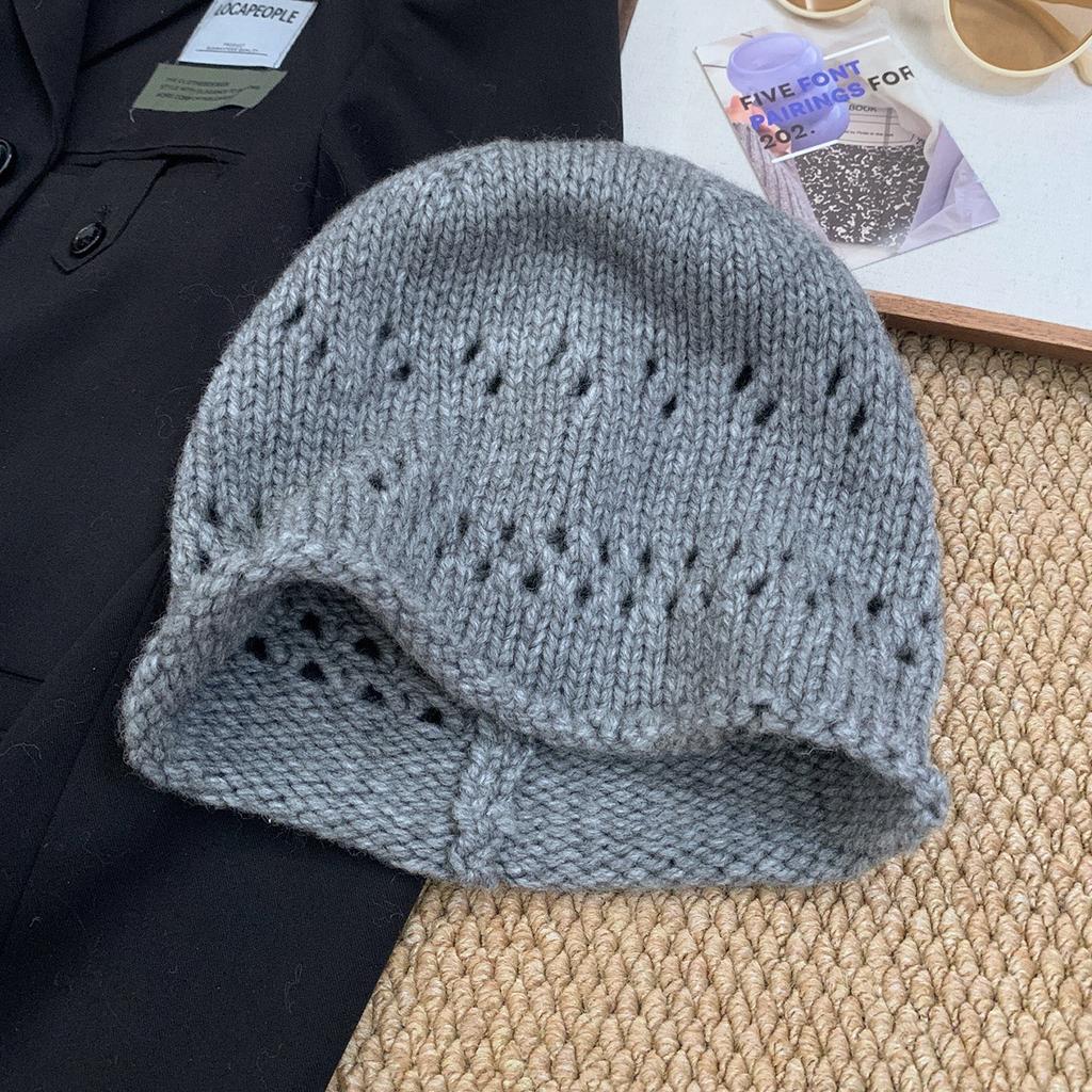 Hollow knitted headgear female niche retro literary temperament versatile big head circumference showing face small pullover hat