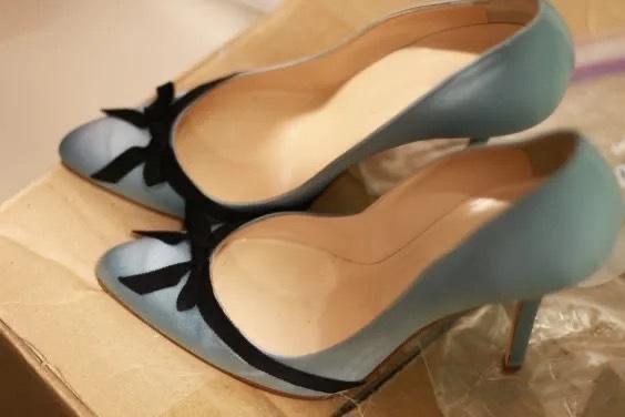

Pr The Same Pointed Round Head Bow Light Mouth Single Shoes Blue Antique High Heels Women S Stiletto 34