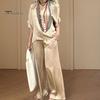 Solid Color Women Outfit 2Pcs/Set Loose Fit Casual V-neck Half Sleeve Pullover T-shirt Elastic Waist Pockets Wide Leg Long Pants Set