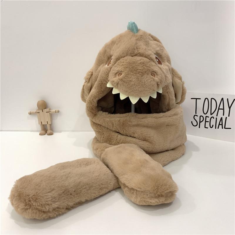 Plüschschal einteilige Mütze, Winter Dinosaurierohren werden sich bewegen, Pinguin Samt Kälteschutzhandschuhe, Fahrradmütze für mittlere und ältere Kinder