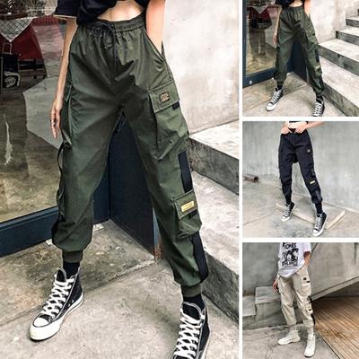 Women Loose Cargo Pants Multi Pockets Elastic Waist Casual Lady Trousers for Daily Wear