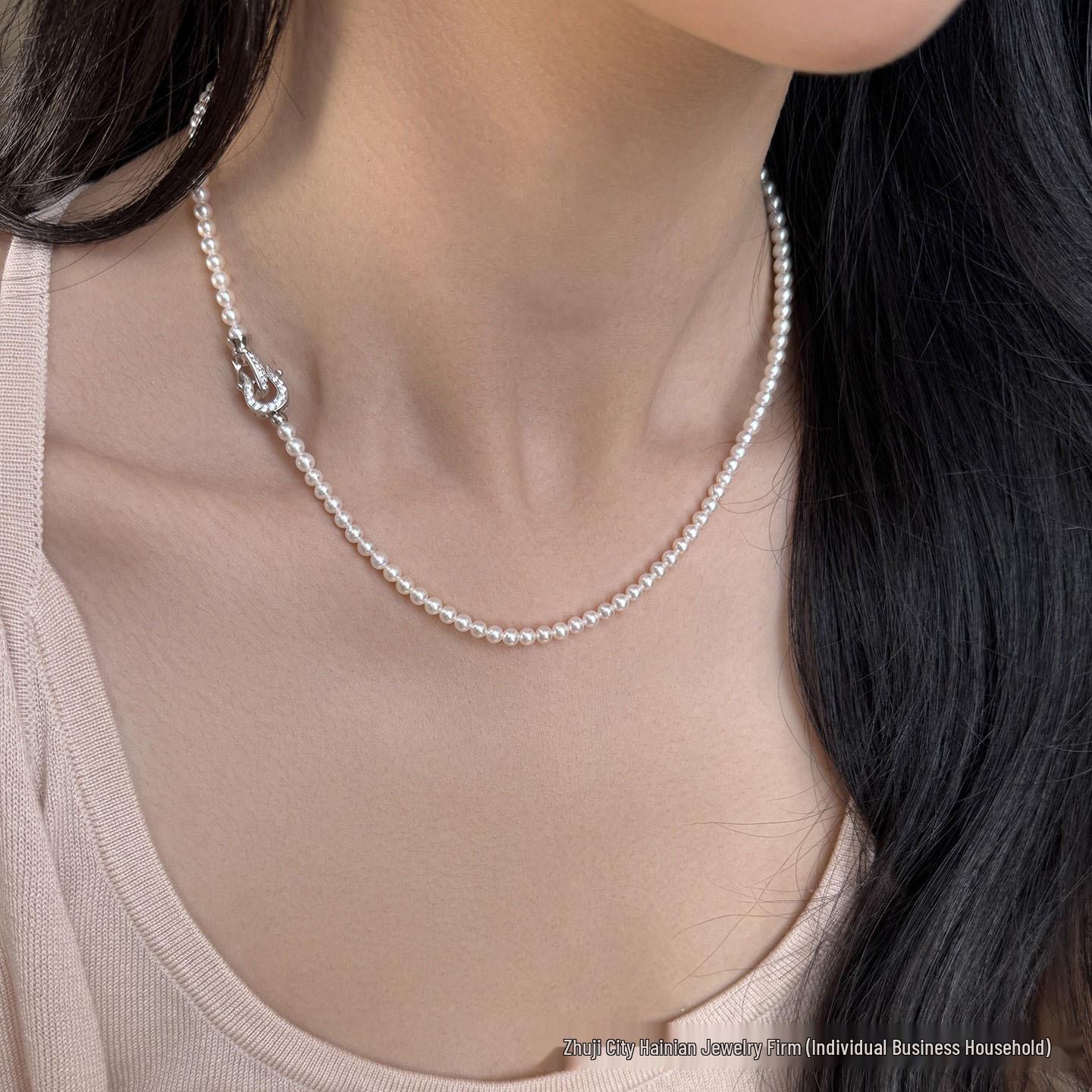 

3.5-4mm Freshwater Pearl Necklace with Horseshoe S925 Silver, Perfectly Round, Strong Luster, Light Luxury for Women