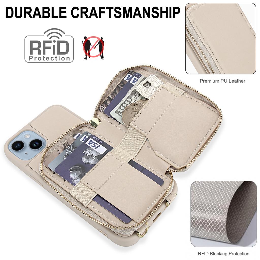 For iPhone 14/13 Case RFID Blocking Zipper Wallet Leather + TPU Phone Cover with Shoulder Strap