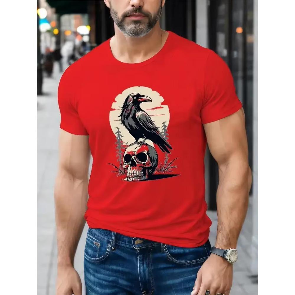 Skull And Crow Pattern Print Men's Creative Top, Casual Short Sleeve Crew Neck T-shirt, Men's Clothing For Summer Outdoor