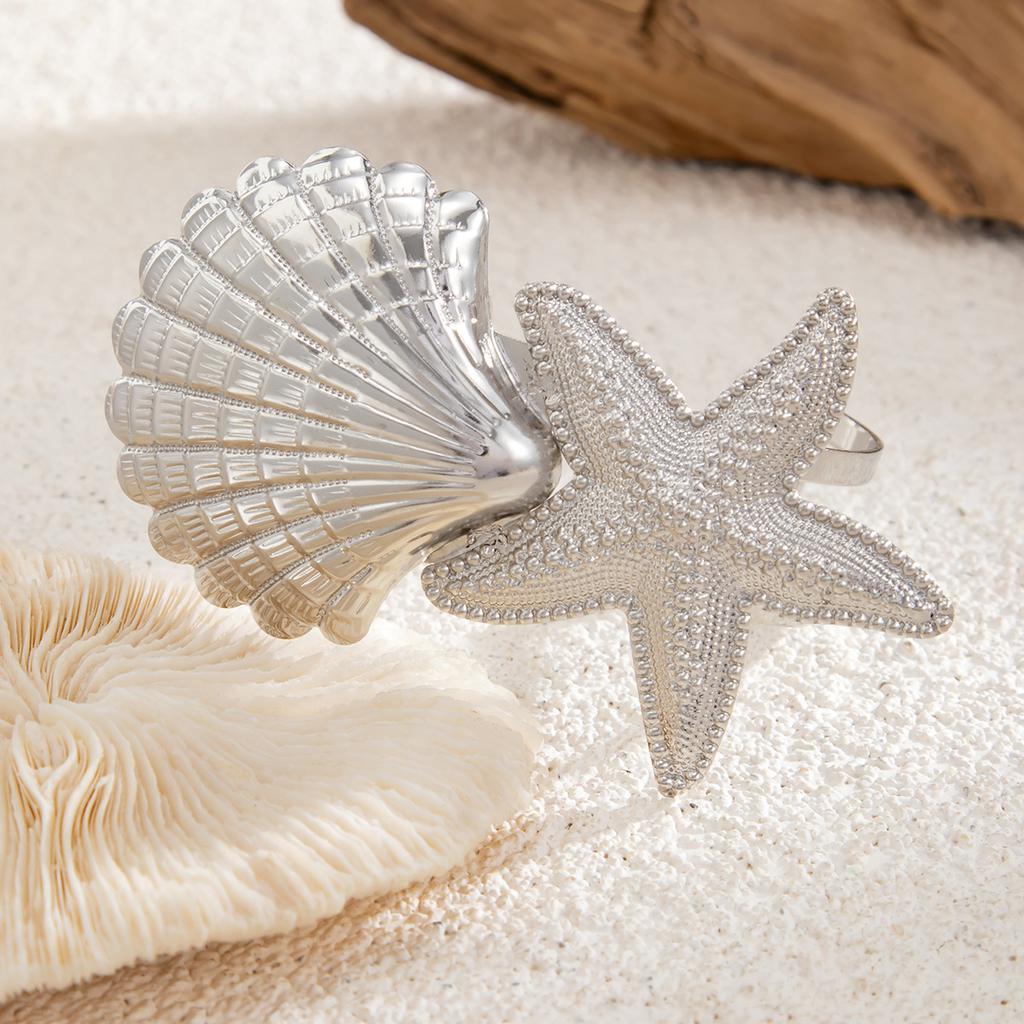 Hip Hop Large Starfish Scallop Open Cuff Bangles for Women Adjustable Exaggerated Wide Gold Color Upper Armband Bracelets Femme Aesthetic Jewelry