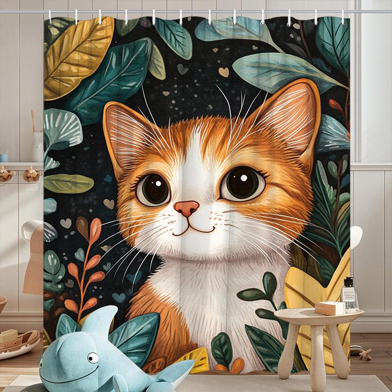

Tropical Kitten Shower Curtain - Orange & White Kitten, Large Eyes Design,Playful Jungle Leaves,Polyester,Stylish Bathroom Decor W60H190(CM)-1 Pcs