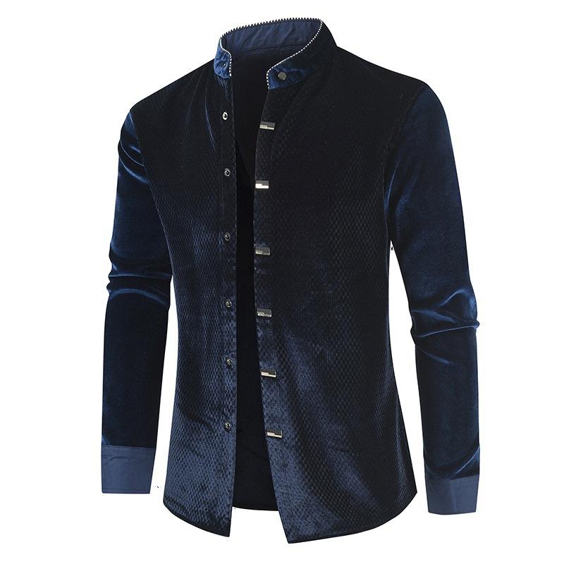 Fashion Gold Velvet Shirt Male Stand-up 