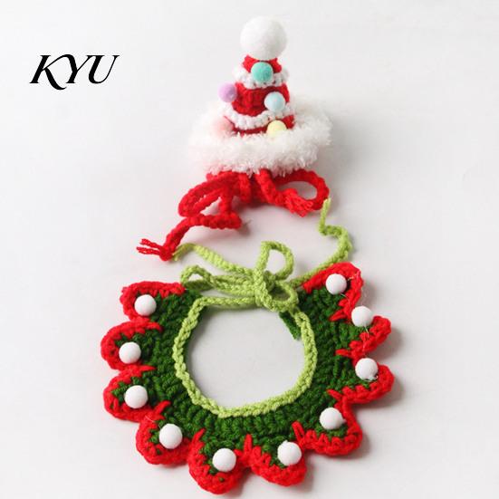 Festive Kitten Apparel Christmas Cat Costume, Knitted Bandana Pom-pom Hat, Cute Pet Costume Outfit for Holiday Party Winter Cats