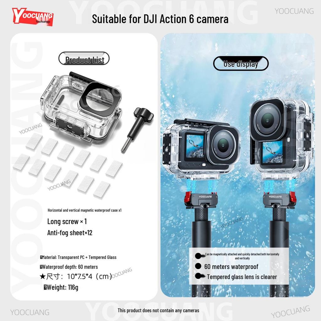 Magnetic Waterproof Case for DJI Action 6: 60m Deep Underwater Protective Cover with Vertical & Horizontal Quick Release