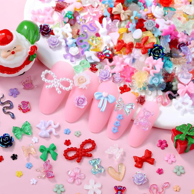 WTEMPO 200 Pieces 3D Mix Assorted Resin Nail Charms Hollow Pearl Heart Nail Art Charms Gems Gummy Bear Star Heart Flowers Acrylic Beads