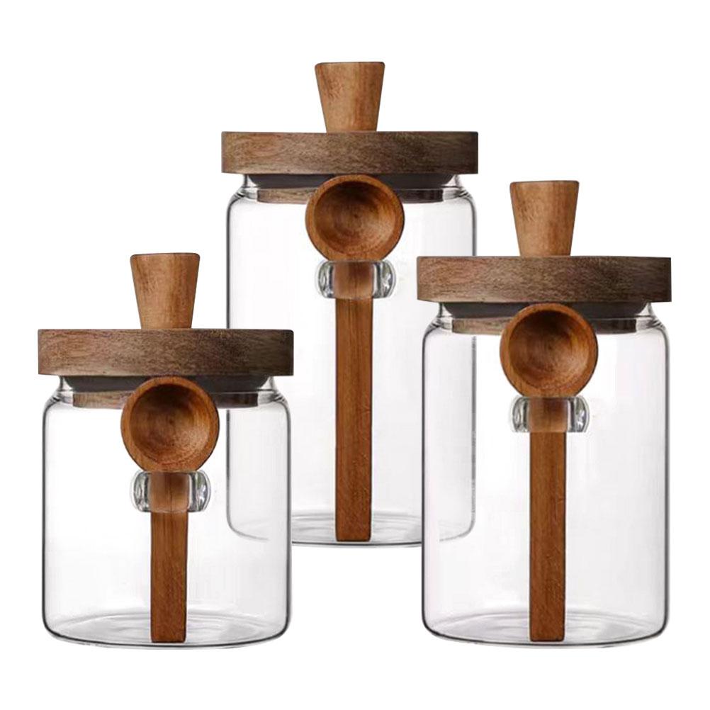 3 Sets Glass Spice Jar Sugar Holder Container with Spoon Spices Jars Seasoning Condiments Bottle Containers Seasonings
