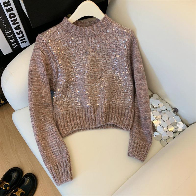 Real sequined knitted sweater top women's autumn and winter new lazy wind round neck heavy industry super good-looking short sweater
