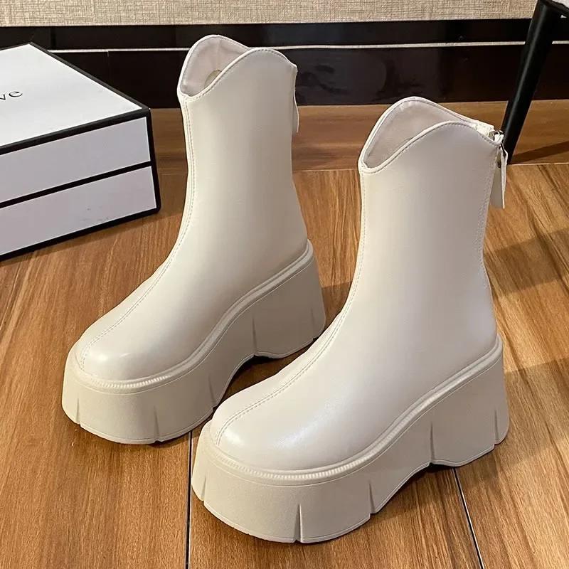 2024nya Damhöjande Stövel med Tjock Sula och Halvhögt Skaft Mujer Zapatos Trendiga Nya Design med Blixtlås Bak Dams MC-stövlar