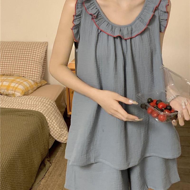 Pajama Women's Summer Minimalist Suspender Thin Ruffled Edge Home Suit Two-piece Set
