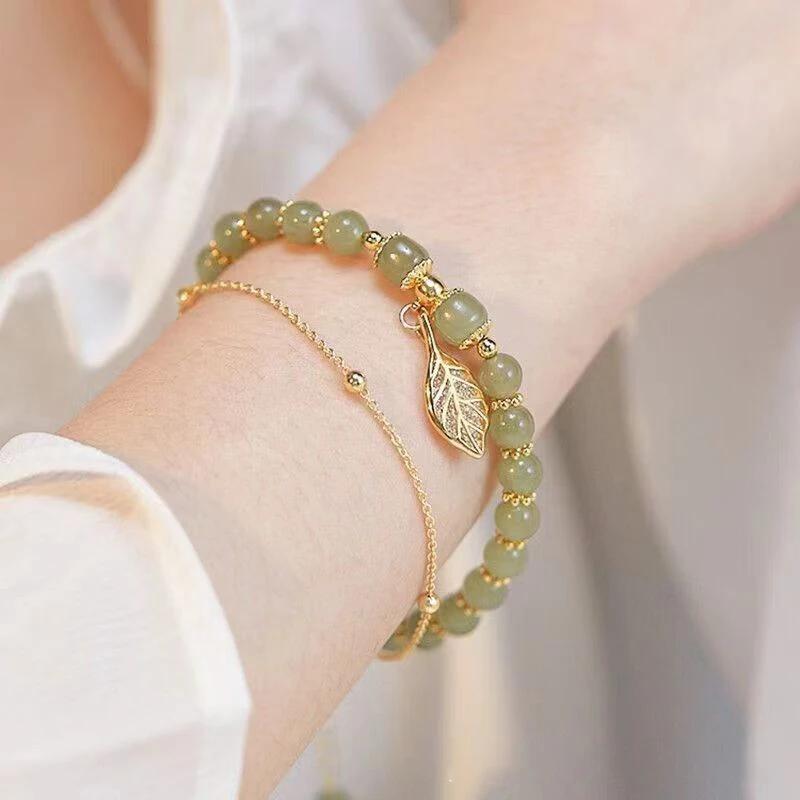 Women Exquisite Gold Color Leaves Wrist Strap Bangle Double Chain Bracelet Girls Gifts Chinese Style Green Jade Bracelet