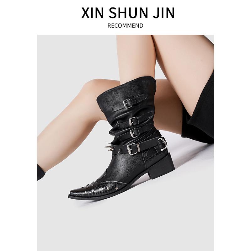 Vintage Embroidered Pointed Western Cowboy Boots Women'S Spring And Summer Thick Heel Versatile Knight Boots Sleeve Boots