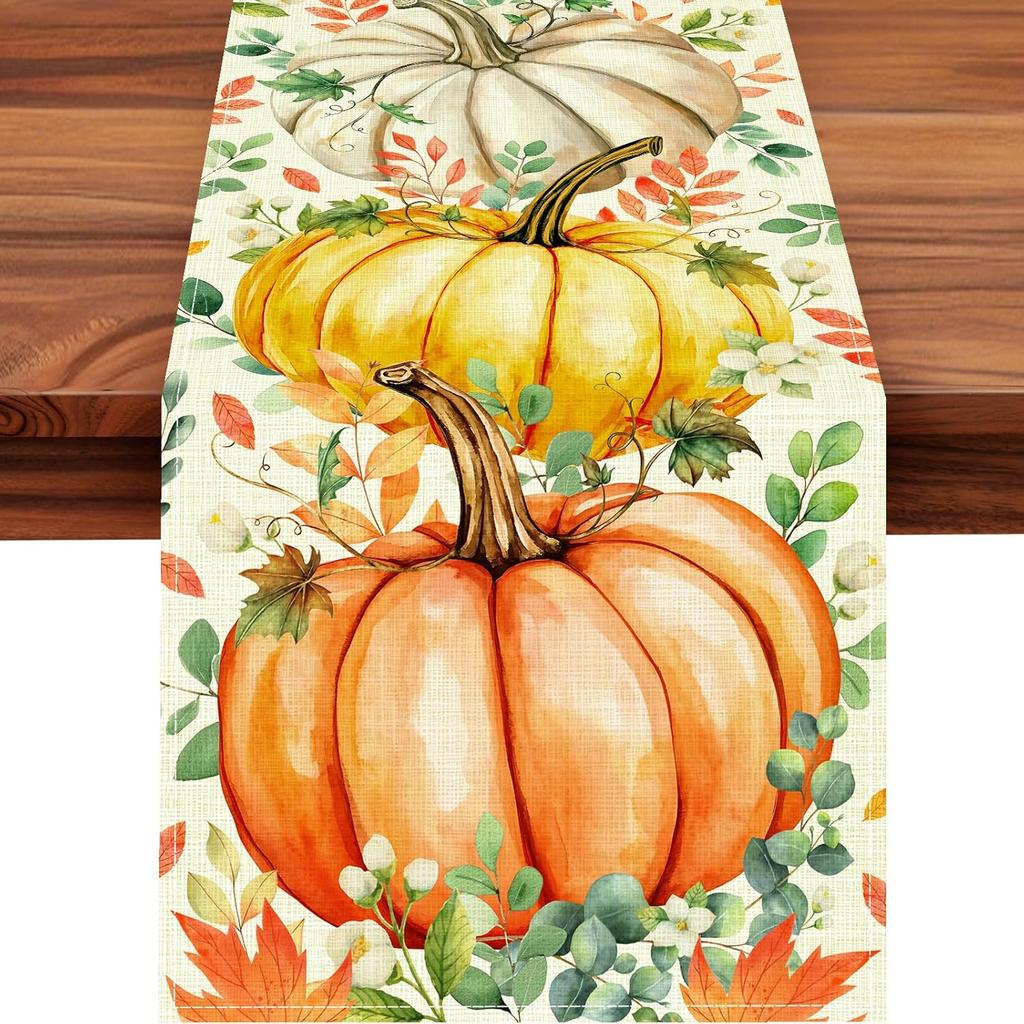 Pumpkin Eucalyptus Leaves Fall Table Runner, Autumn Thanksgiving Kitchen Table Decorations for Home Party Decor (Pumpkin 2, 13x72 inches)