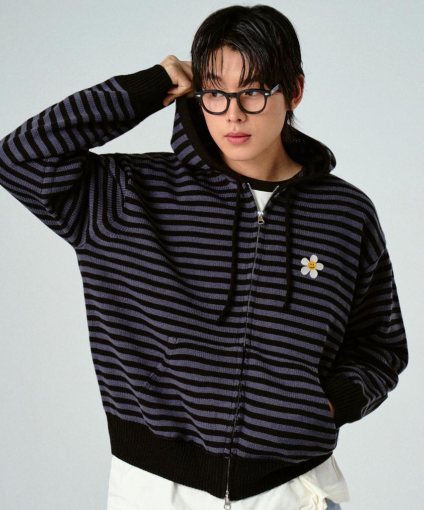 Graver [Unisex] Flower Dot Embroidered Knit Striped Zip-Up Hoodie_Black Charcoal