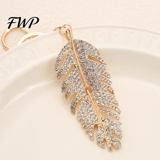 Rhinestones Inlay Keychain Pendant Inlaid Feather Shape Key Chain with Anti-Oxidation Lobster Clasp Backpack Bag Accessory Alloy
