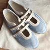 Soft Leather Edition~ Retro Round Head Velcro Flat Ballet Shoes Fashion Versatile Blue Light Mouth Mary Jane Single Shoes