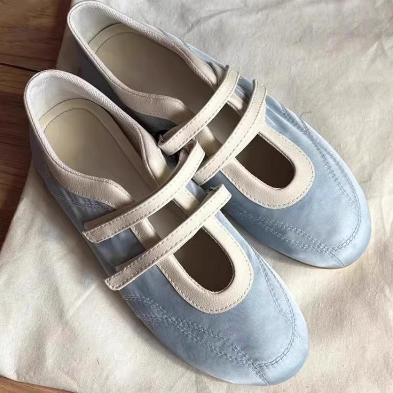 Soft Leather Edition~ Retro Round Head Velcro Flat Ballet Shoes Fashion Versatile Blue Light Mouth Mary Jane Single Shoes