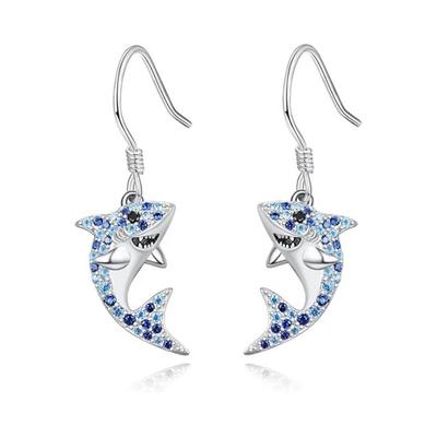 Charm Female White Blue Zircon Stone Shark Animal Drop Earrings Cute Trendy Bridal Silver Color Dangle Wedding  For Women