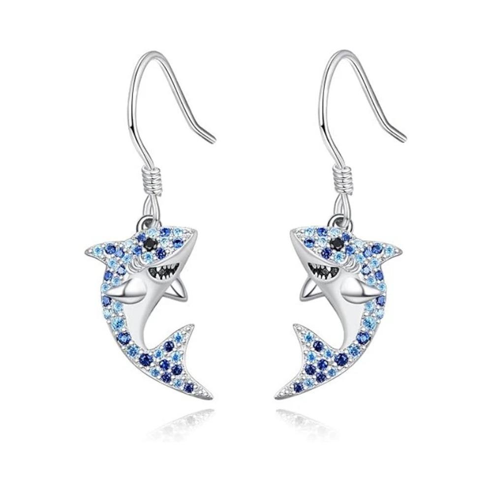 

Charm Female White Blue Zircon Stone Shark Animal Drop Earrings Cute Trendy Bridal Silver Color Dangle Wedding For Women