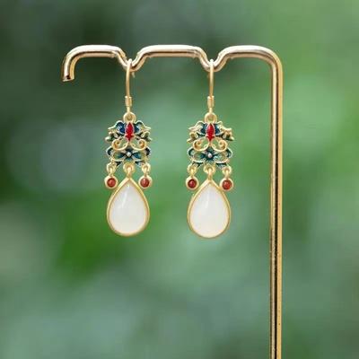 Natural Hetian White Jade Colorful Enamel Porcelain Drop-Shaped Earrings Chinese Retro Light Luxury Charm Women'S Jewelry