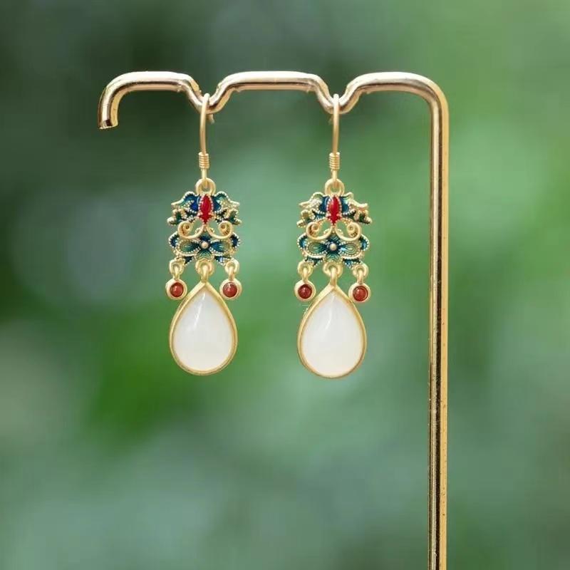 Natural Hetian White Jade Colorful Enamel Porcelain Drop-Shaped Earrings Chinese Retro Light Luxury Charm Women'S  Jewelry