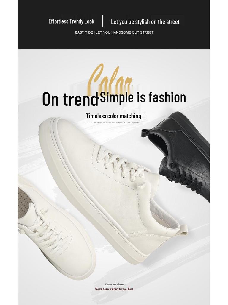 Men's Versatile Genuine Leather White Casual Shoes - Breathable Cowhide for Spring & Autumn