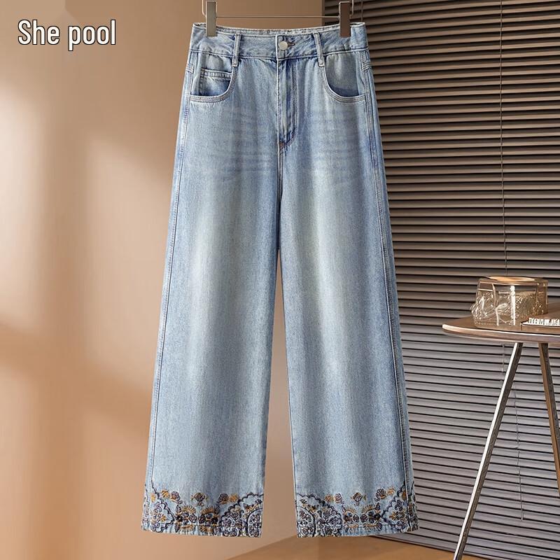 Women s Retro High-Waist Embroidered Wide-Leg Denim Jeans XL
