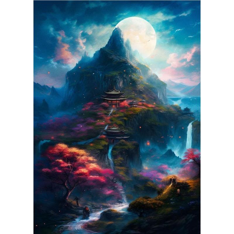 Japanese cherry color koi, fish, moonlake, magic art poster, canvas, painting, Japanese landscape, wall art for living room, home decor