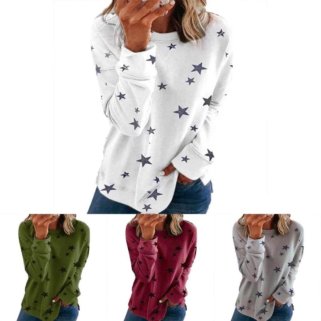 Women Casual Tunic Crew Neck Long Sleeve Star Print Tee Top Blouse For Daily Comfort And Style