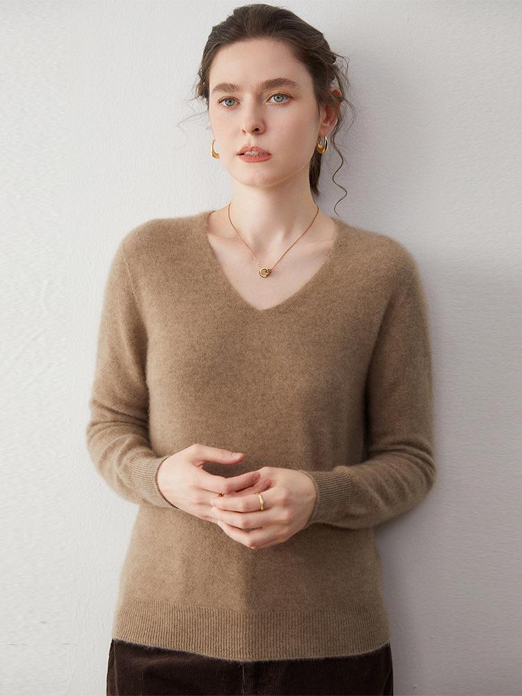 Women's V-Neck Loose Cashmere Sweater, Warm Knitted Pullover, Solid Color, Versatile & Trendy.