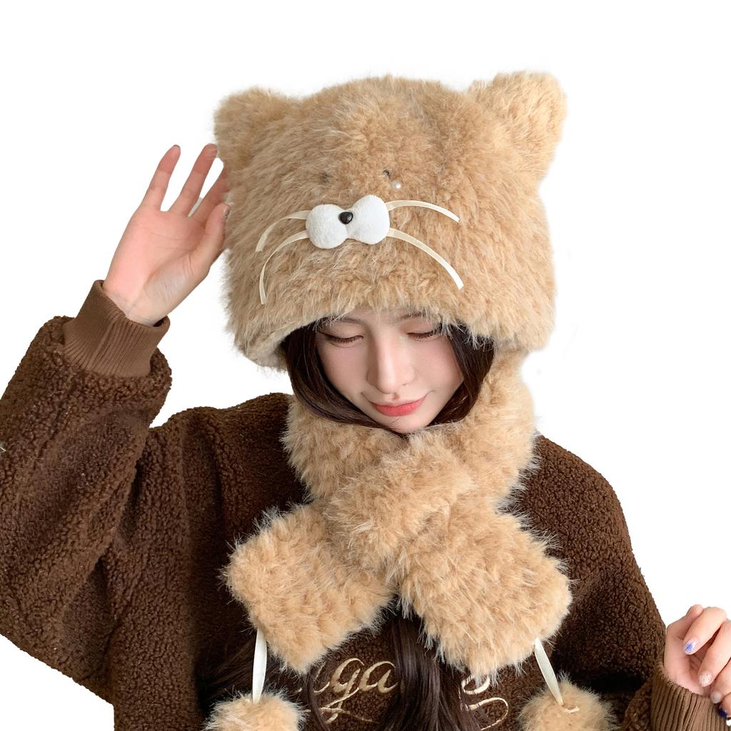 2-in-1 Bear Ears Plush Hat with Scarf Women Winter Warm Hooded Beanie Face Slimming Sweet Trapper Cap