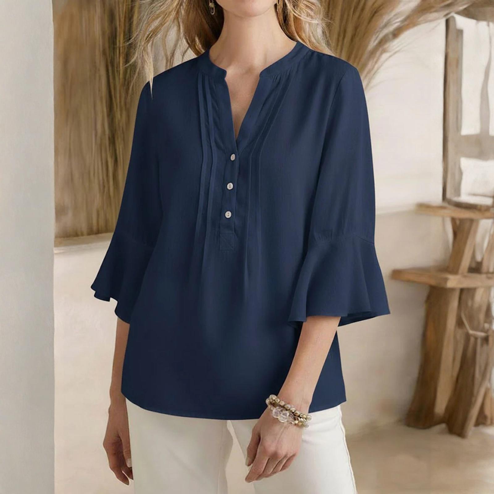 

Fashionable Women s Leaf Seven Quarter Sleeved Top Color Fashionable Casual Loose V-neck Shirt XXL