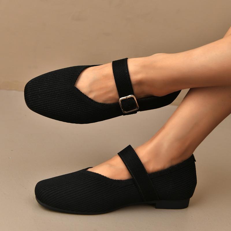 

Fashion Knitted Breathable Flat Single Shoes Autumn New Round Toe Shallow Mouth One Belt Soft Sole Non-slip Wear-resistant Cloth Shoes 36
