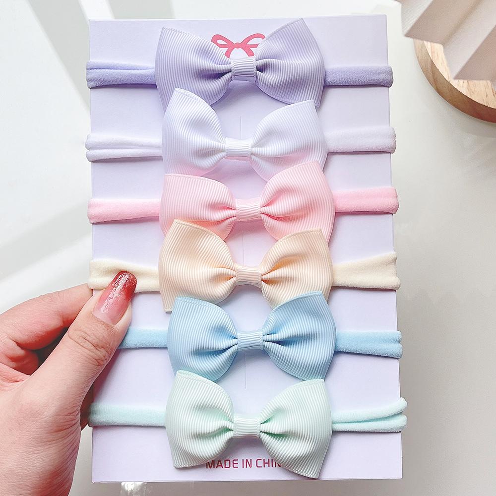 6Pcs/set Solid Color Grograin Ribbon Bowknot Headband For Girls New Headwear Elastic Hair Bands Infant Kids Hair Accessories
