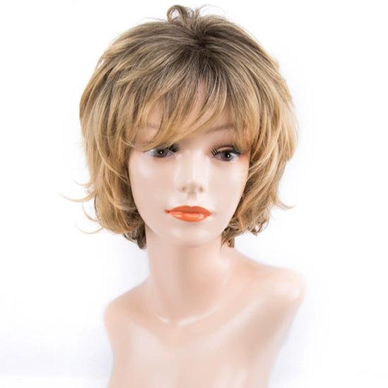 European and American Style Women’s Short Curly Wig with Side-Bangs Fluffy Gradient Blonde Hairpiece for Mature Women