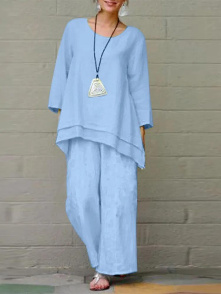 2023 Chinese Style Plus Size Women's Retro Pants Set: Solid Color Cotton Linen Casual Long Sleeve Loose Fit