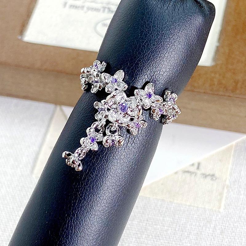 Super Fairy Light Luxury High-End Purple Zircon Row Diamond Flower Opening Ring Niche Full Of Diamonds Sweet And Cool Personality Ring Woman