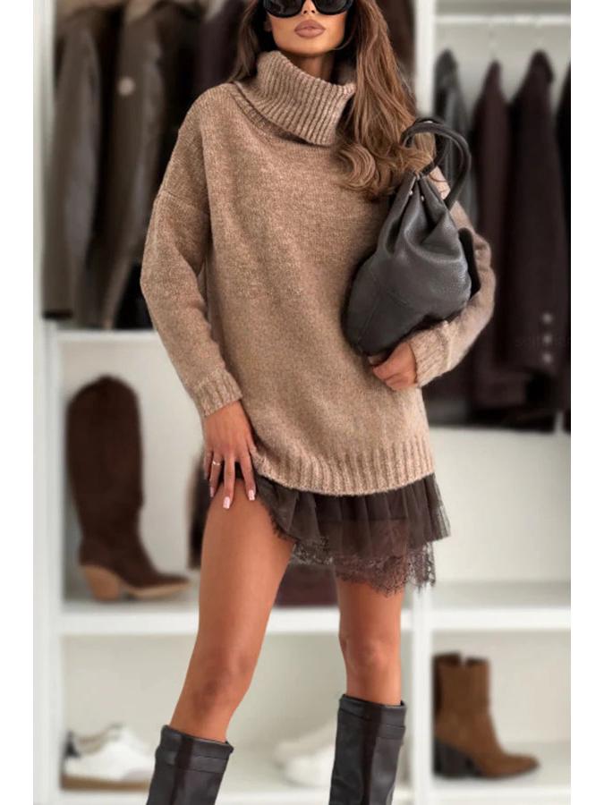 2025 Trendy European & American Lace Trim Knit Top & Dress Women's Two-Piece Set