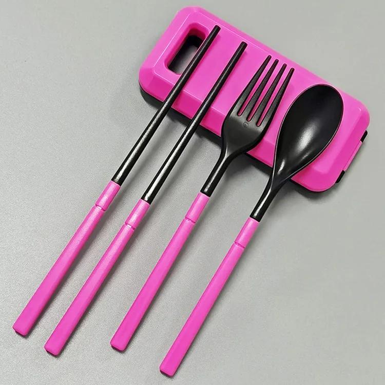 

3 в 1 Портативний набір столових приборів з пшеничної соломи, виделка, складаний набір столових приборів для паличок для їжі з коробкою для пікніка, кемпінгу, подорожей, набір посуду рожевий
