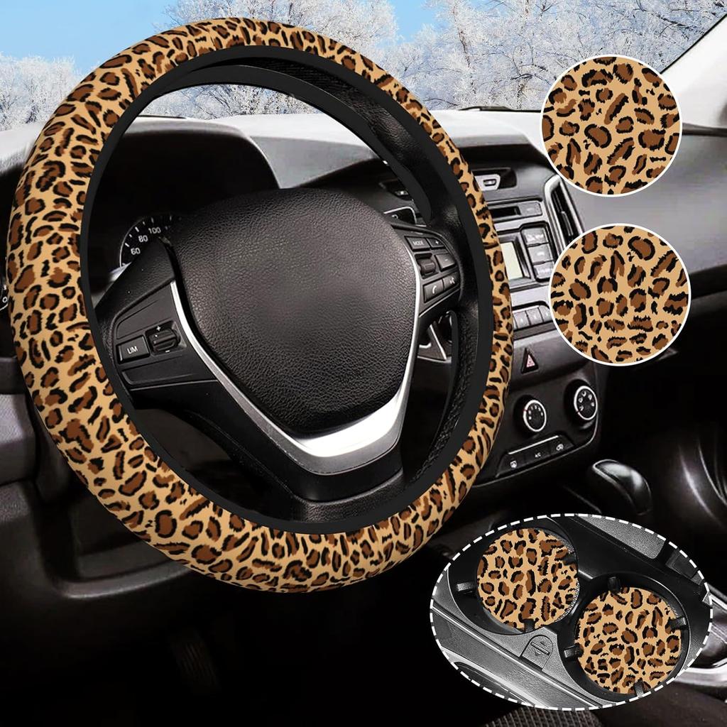 Leopard Steering Wheel Cover Anti-Slip And Practical 14.5-15 Inch Universal Car Steering Wheel Cover With 2 Pieces Car Coasters Suitable For Men