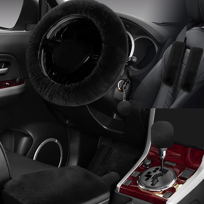 7PCS Set Car Interior Aesthetic Accessories, Fluffy 15 Inch Steering Wheel Cover, Armrest Pad, Seat Belt Cover,Gear Shift Cover, Fit Girly Car
