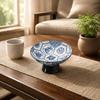 Blue and White Pedestal Bowl Decorative Porcelain Fruit Bowl Porcelain Tea Snack Plate Easy To Clean Pedestal Dessert Plate