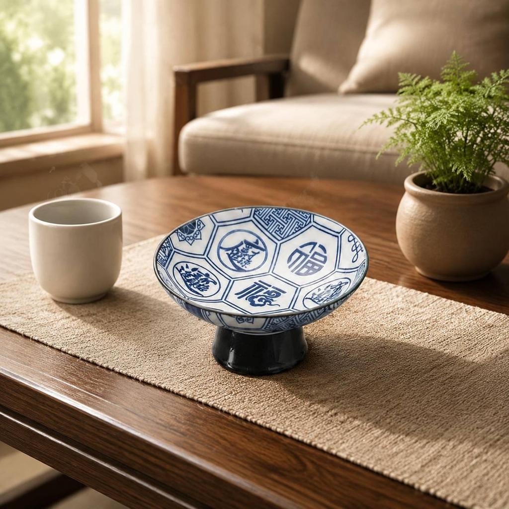 Blue and White Pedestal Bowl Decorative Porcelain Fruit Bowl Porcelain Tea Snack Plate Easy To Clean Pedestal Dessert Plate