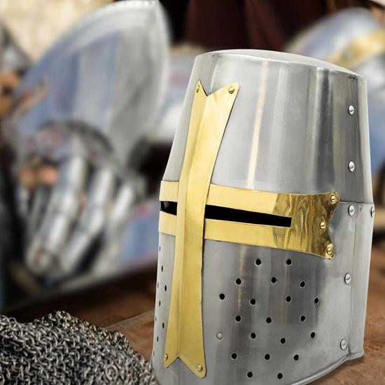 Medieval Templar Knight Crusader Brass Cross Helmet Armor Handmade Steel Collectible Cosplay, Decoration