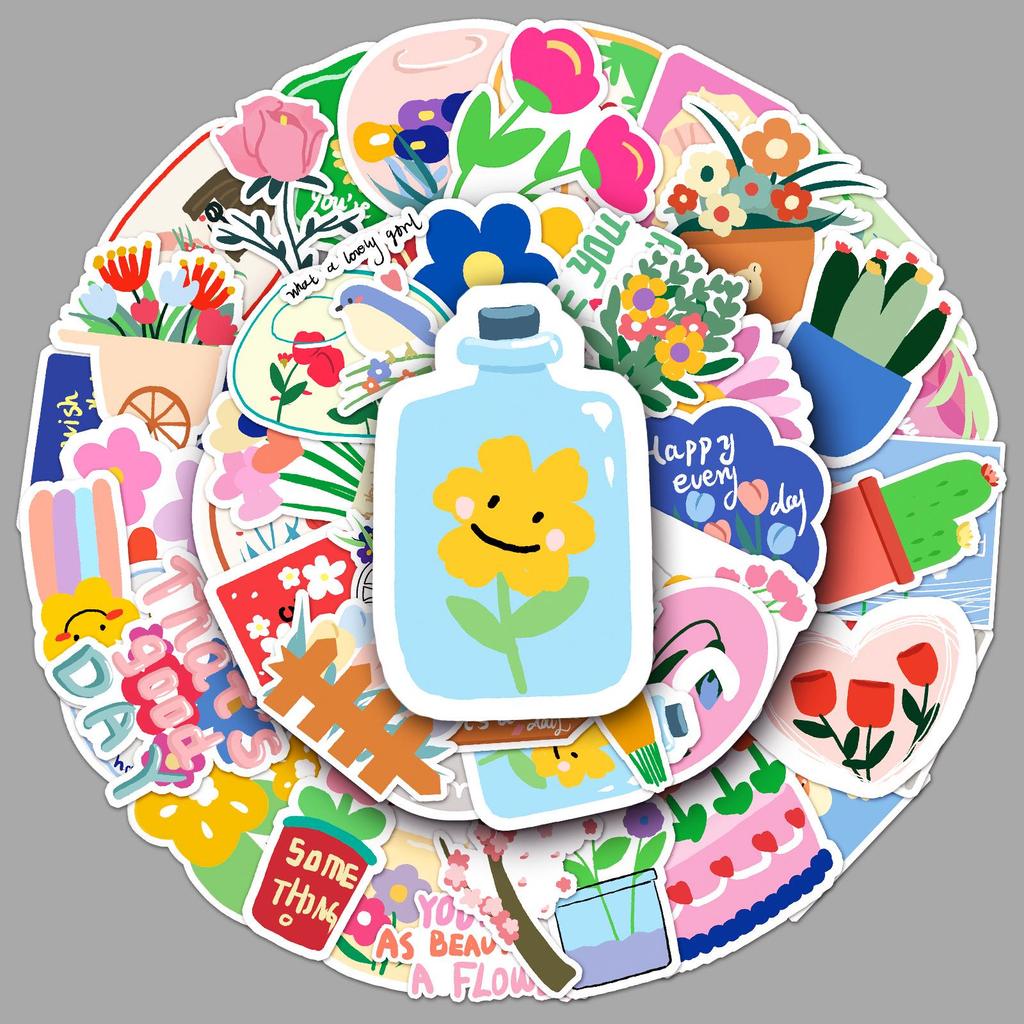 50 Sheets of Cute Cartoon Flower and Plant Stickers for DIY Laptop Notebook Planner